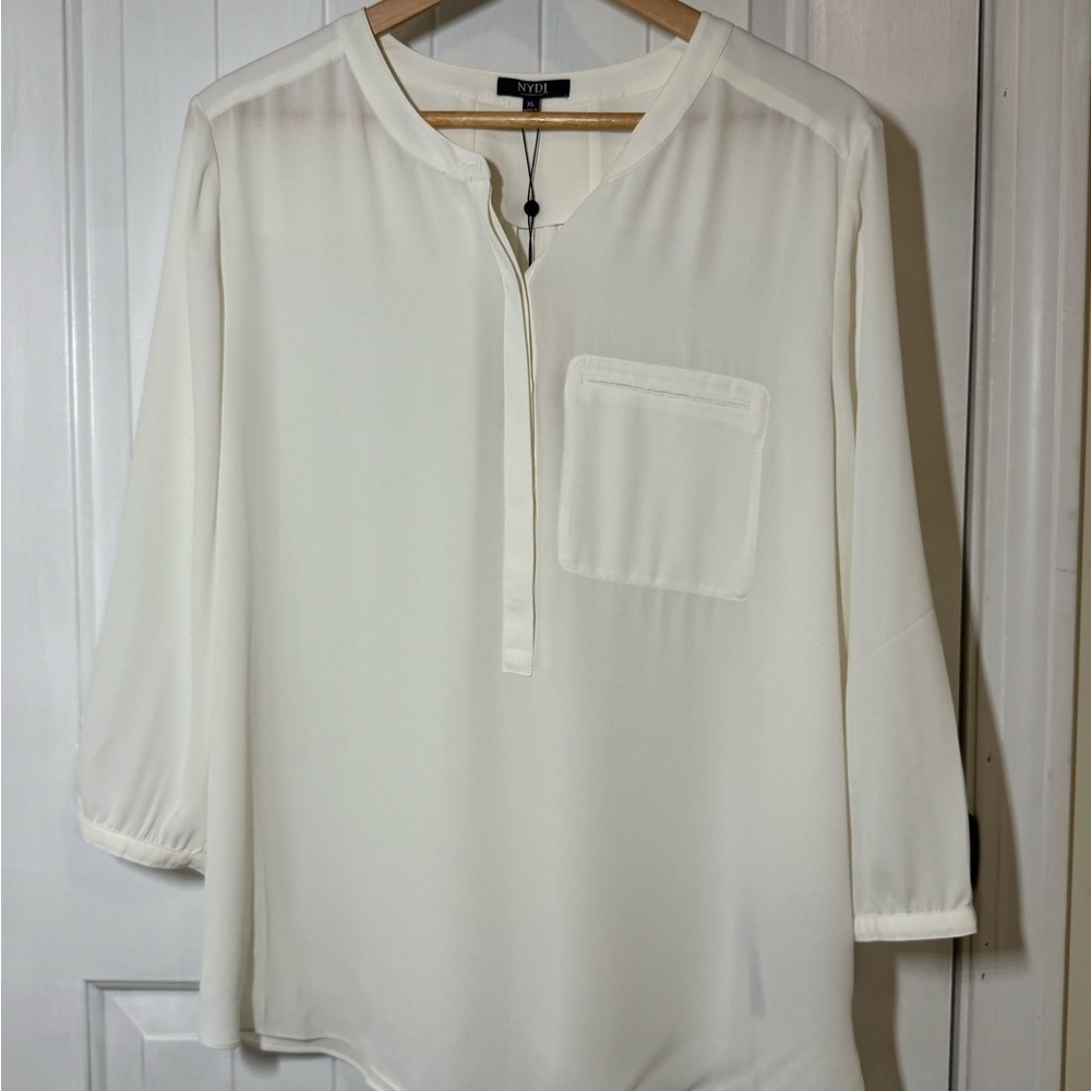 NYDJ White 3/4 Sleeve Relaxed Blouse with Mandarin Collar - Picture 2 of 9